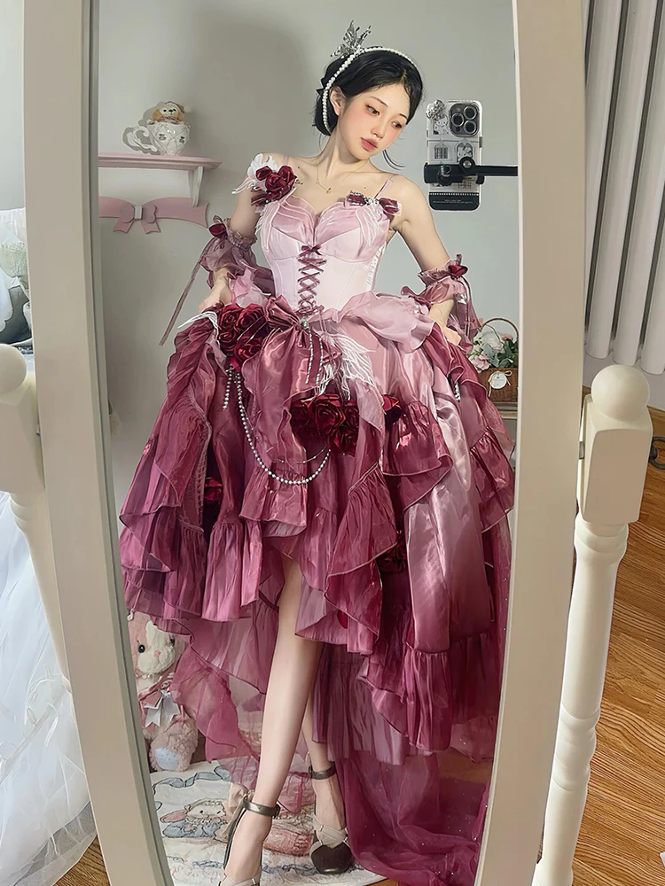 Vintage Ball Gown Spaghetti Straps Chiffon Summer 18th Birthday Dress High Low Ombre Pink Lolita Dress 18th Birthday Outfits DH2416 - Deanwangkt