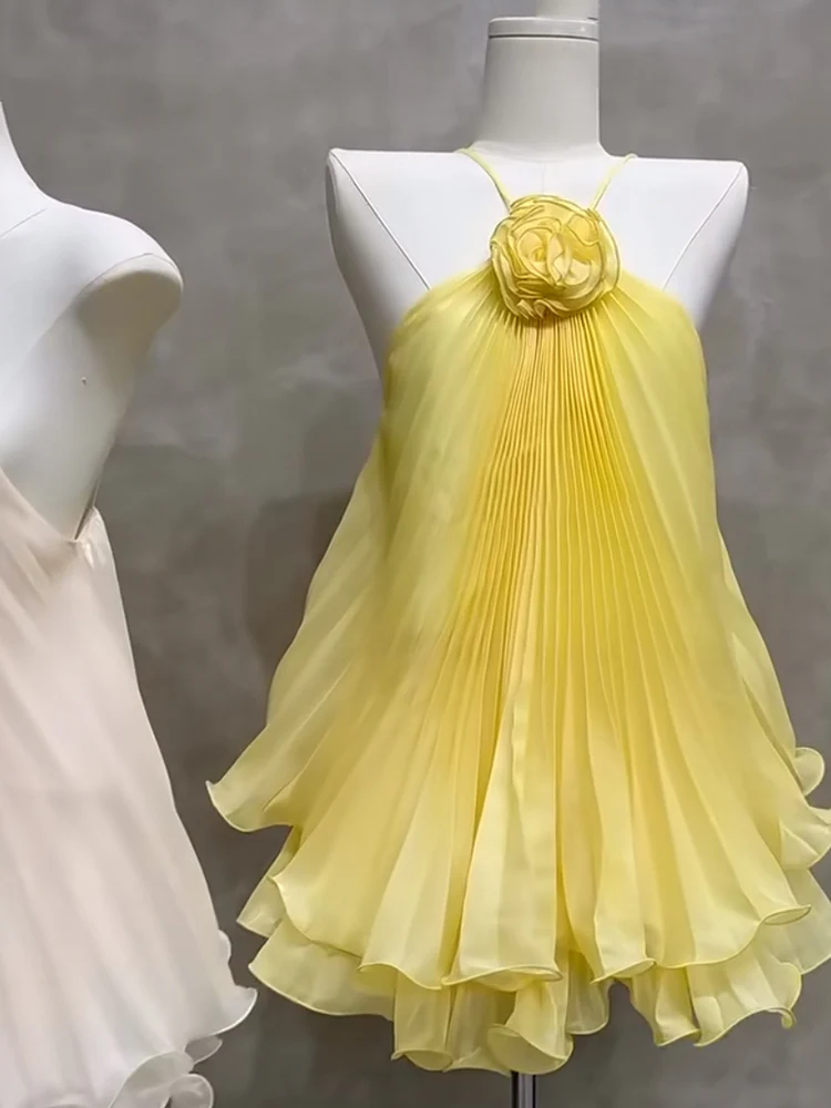 Cute A line Halter Yellow Summer Homecoming Dress Chiffon Hoco Dress Mini 18th Birthday Outfit Cocktail Dresses DP1765 - Deanwangkt