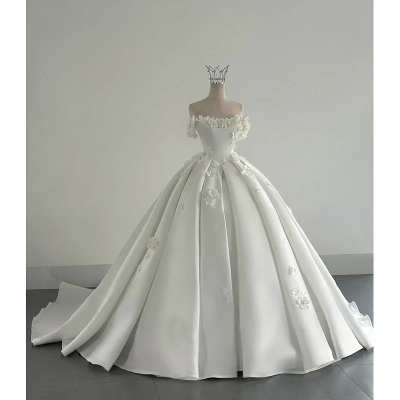 Dreamy Wedding Dress Ball Gown Off The Shoulder Satin White Wedding Dresses Bridal Gowns DH737 - Deanwangkt