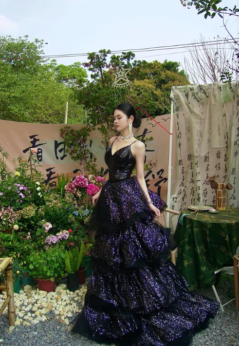 Sparkly Black Spaghetti Strap Sheath Tulle Short Train Evening Dress DH2707 - Deanwangkt