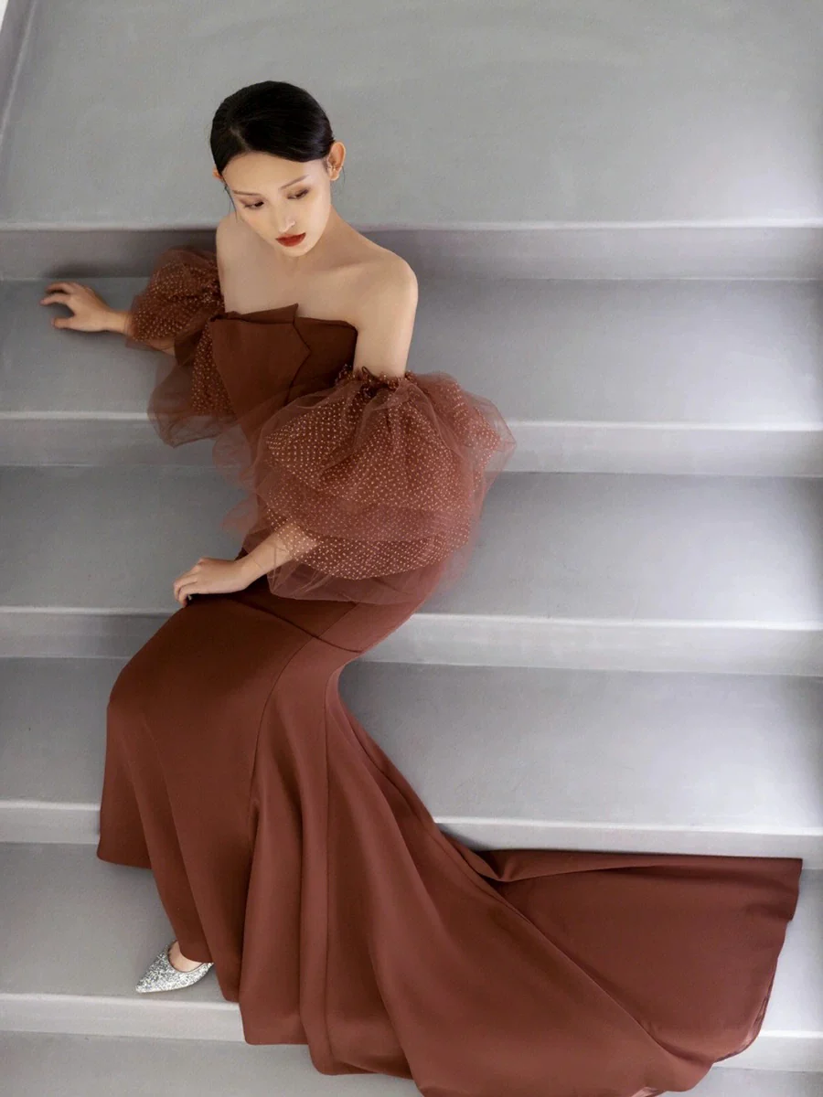 Classy Mermaid Off The Shoulder Satin Brown Evening Dress Long Prom Dresses H2885 - Deanwangkt