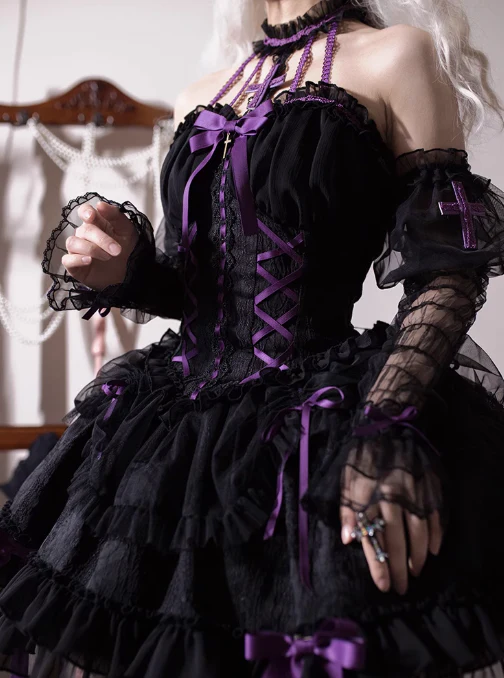 Vintage Ball Gown Halter Black/Purple Tulle Lace 22nd Birthday Dress Lolita Dress Cute Lolita Outfits DP2762 - Deanwangkt