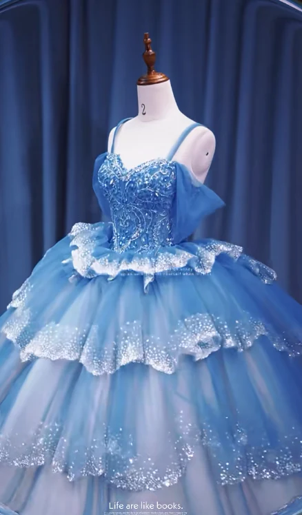 Gorgeous Off-the-Shoulder Ball Gown Tulle Long Prom Dresses Blue Quinceanera Dresses Sweet 16 Dresses DP3361 - Deanwangkt
