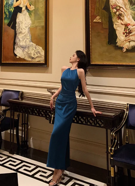 Pretty Mermaid Halter Navy Blue Satin 18th Birthday Dress Party Birthday Outfits For Women DP0167 - Deanwangkt