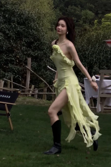 Stunning Sheath Halter Evening Gown Chiffon Ruffle Green Formal Dress Party Dress DP2793 - Deanwangkt