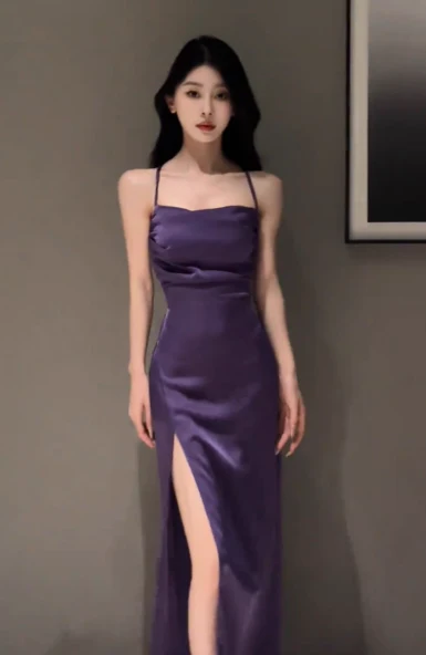 Sexy Spaghetti Strap Sheath Open Back Prom Dresses Satin Purple Formal Dresses with Slits DP3208 - Deanwangkt