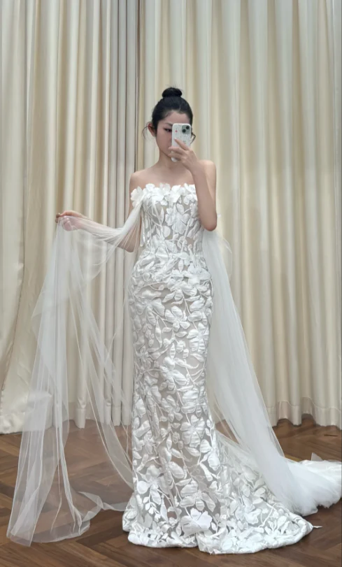 Modest Strapless Sheath Luxury Wedding Dresses Tulle Applique White Bridal Gowns Sleeveless Bridal Dresses DP3248 - Deanwangkt