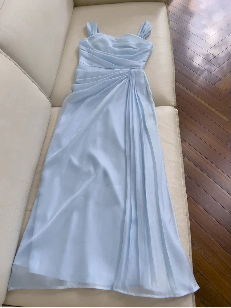 Elegant A line Straps Light Sky Blue Chiffon Sleeveless Long Evening Party Gowns Evening Formal Dresses Prom Dress W949 - Deanwangkt