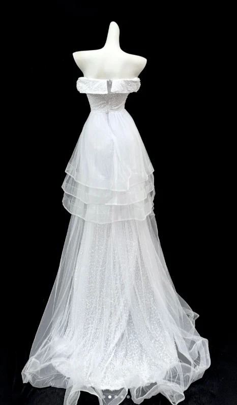 Elegant Strapless A-Line Long Prom Dresses Tulle Sequins White Formal Dresses DP3202 - Deanwangkt