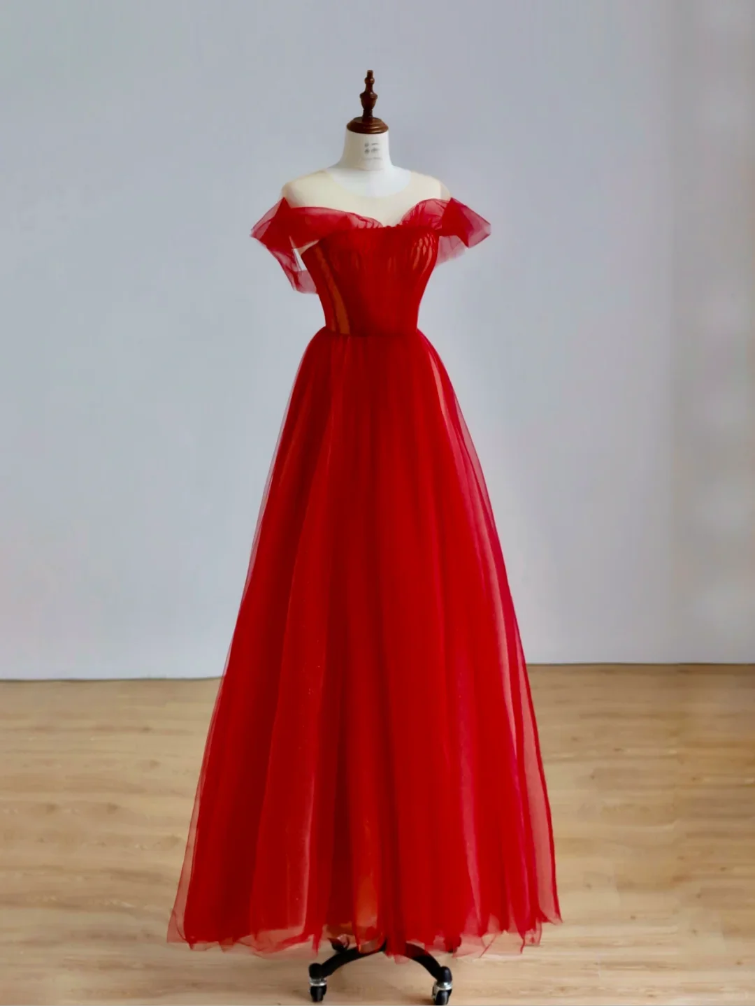 Elegant Glamour Ball Gown Off The Shoulder Short Sleeves Tulle Red Prom Dress Party Dress Evening Dresses DP1505 - Deanwangkt