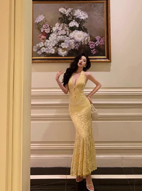 Elegant Mermaid V neckline Sleeveless Yellow Lace 21st Birthday Dress Party Gown Birthday Outfits Birthday Dress Ideas For Women DP548 - Deanwangkt