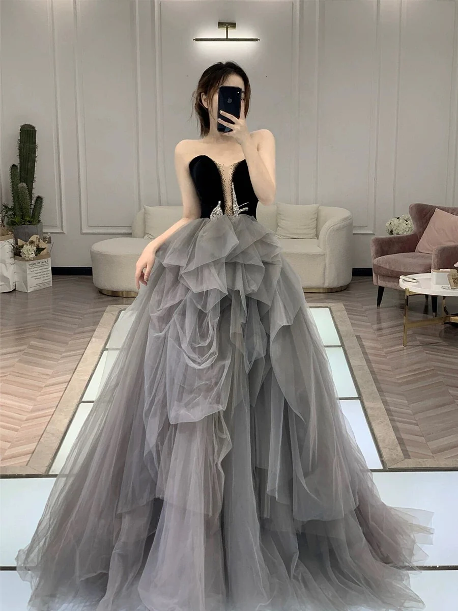 Classy Ball Gown Sweetheart Tulle Gray Evening Dress Long Prom Dresses H2865 - Deanwangkt