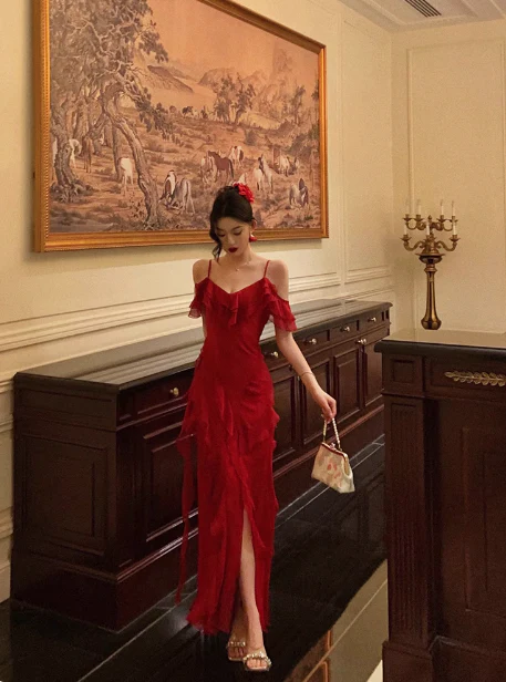 Classy A line Spaghetti Straps Red Chiffon Sleeveless 18th Birthday Dress Party Gown Birthday Outfits Birthday Dress Ideas For Women DP558 - Deanwangkt