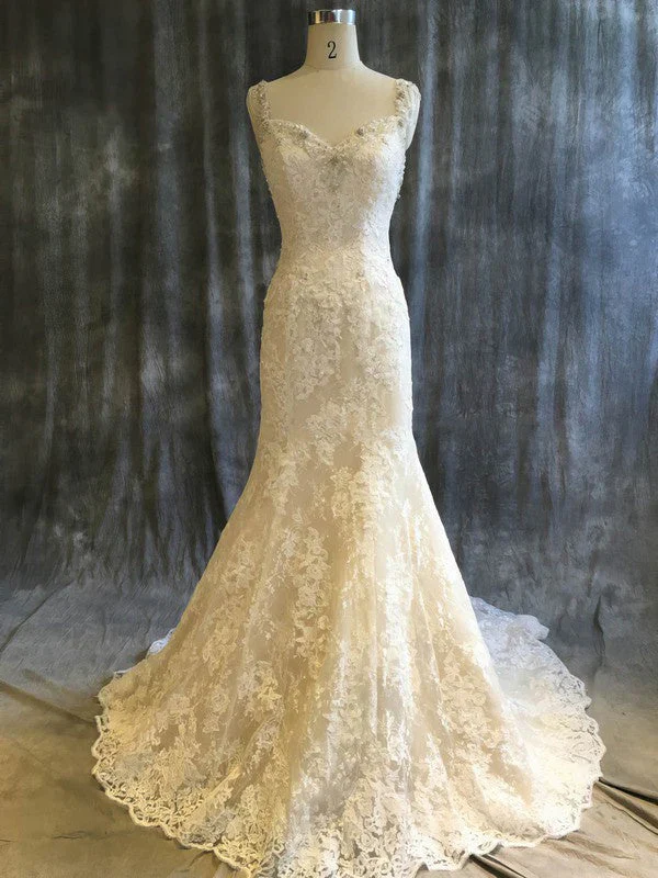 Beautiful Beading V-neck Trumpet/Mermaid Lace Tulle Wedding Dress Brides Dress DP629 - Deanwangkt