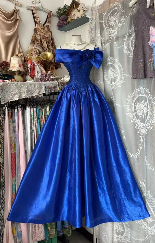 Glam A-Line Blue Long Prom Dresses Off-shoulder Satin Blue Birthday Dresses DP04022 - Deanwangkt