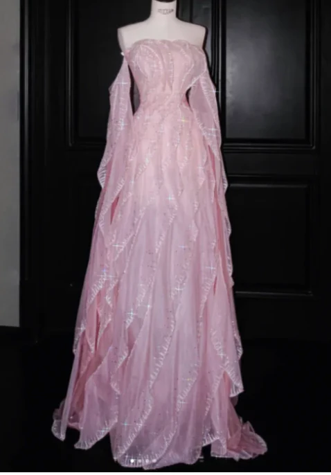 Sweet Strapless Sheath Long Prom Dresses Tulle Pink Evening Dresses DP3694 - Deanwangkt