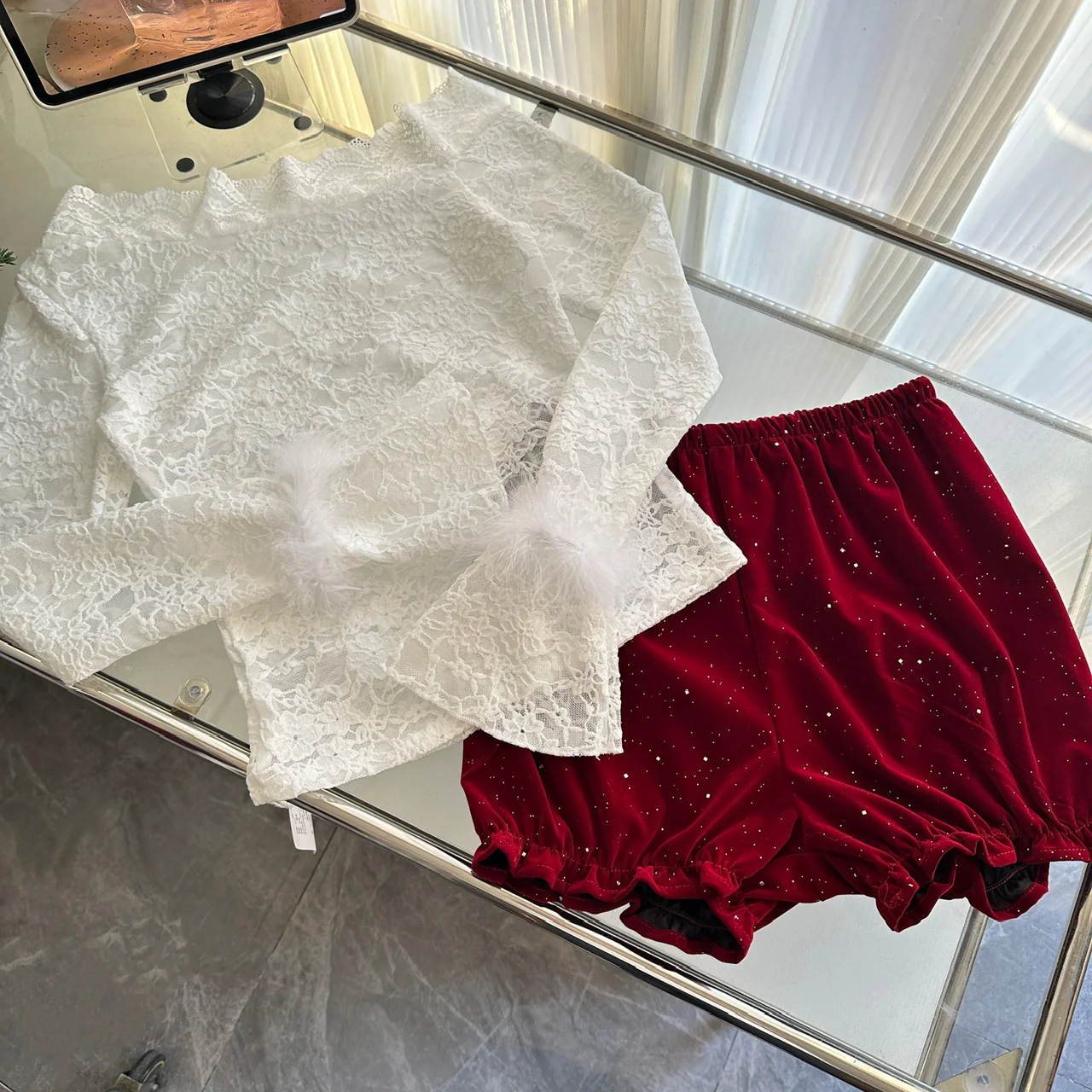 Cute Spaghetti Straps Red Ruffles Velvet Summer Dress 3 Pieces Holiday Party Outfits For Women DP0092 - Deanwangkt