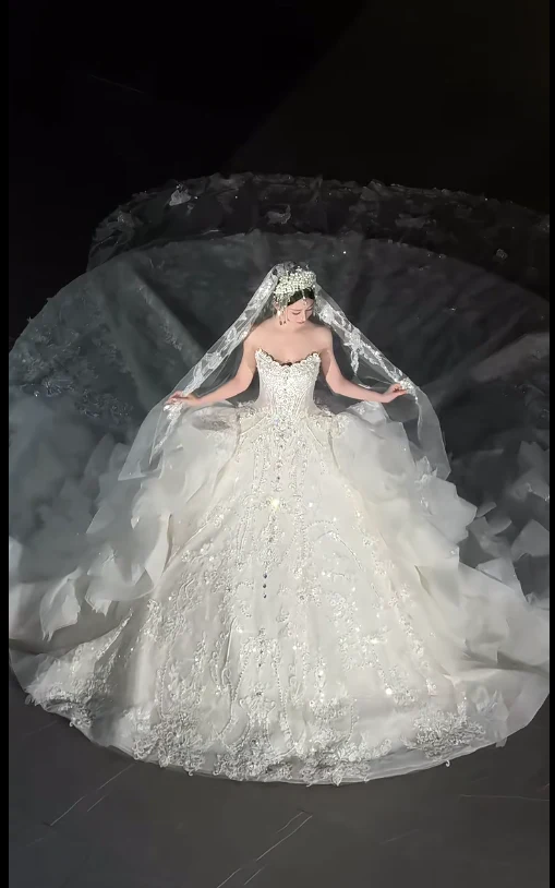 Elegant Strapless Ball Gown Tulle Beaded Wedding Dress, White Bridal Gowns DP3026 - Deanwangkt