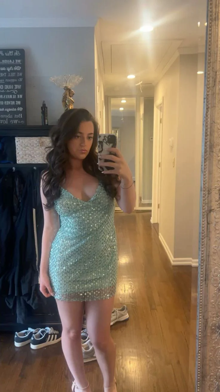 Sexy Sheath Spaghetti Straps Sequin Mint Green Short Formal Homecoming Dress Middle School Short 16th Birthday Outfits Graduation Dress Cocktail Dresses DH2227 - Deanwangkt