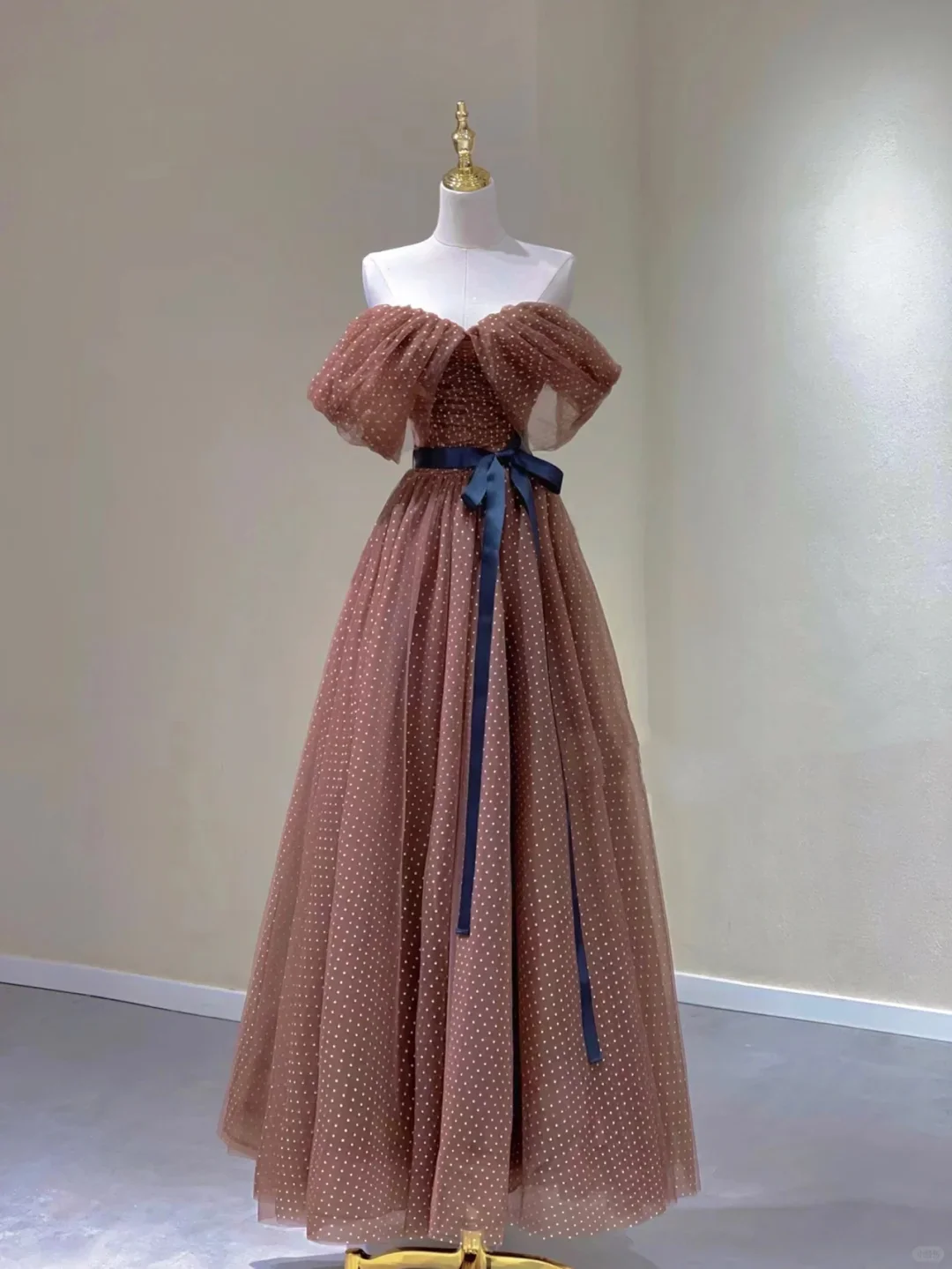 Pretty A line Off The Shoulder Brown Tulle Long Prom Dresses Evening Dresses DP330 - Deanwangkt