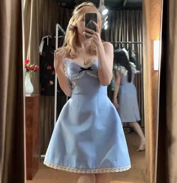 Pretty A Line Spaghetti Straps Blue Lace Short Formal Homecoming Dresses Middle School Short 21st Birthday Outfits Graduation Dress Mini Cocktail Dresses DH2299 - Deanwangkt