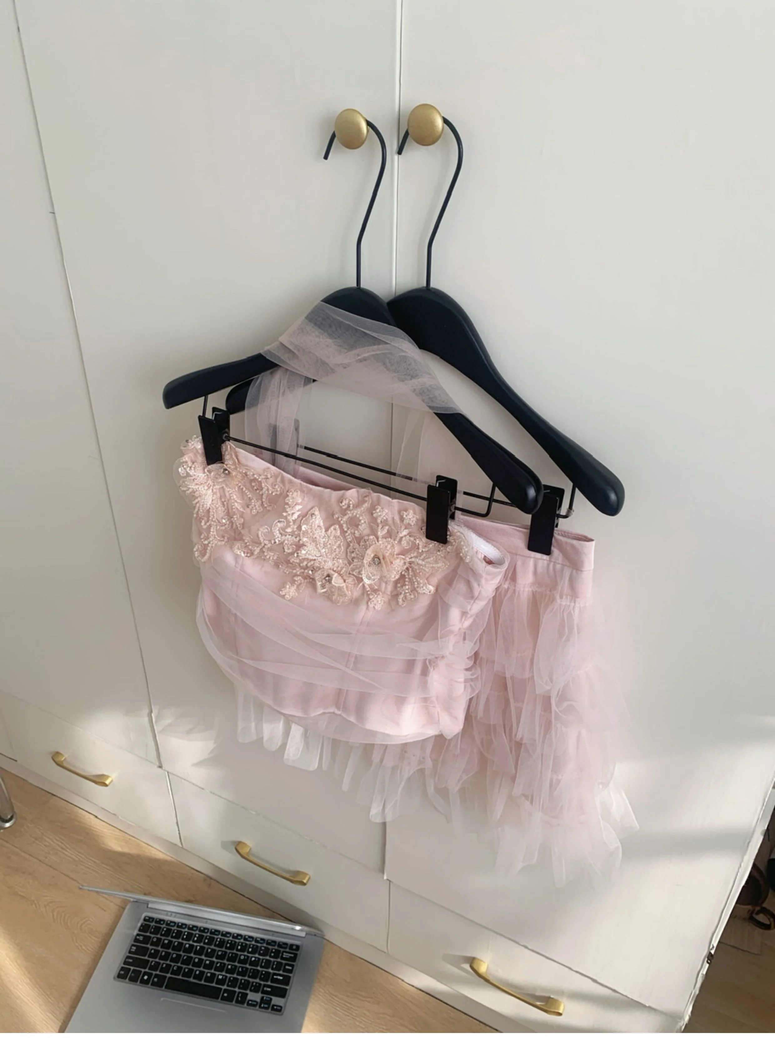 Cute Spaghetti Straps Pink Ruffles Tulle Summer Dress 2 Pieces Holiday Party Outfits For Women DP0094 - Deanwangkt