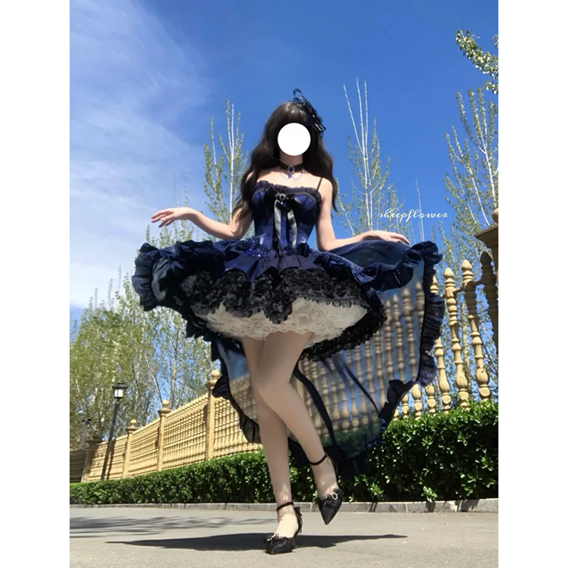 Vintage Ball Gown Spaghetti Straps Black And Blue Lace Summer 16th Birthday Dress Lolita Dress Mini 18th Birthday Outfits Short Lolita Outfit DH2421 - Deanwangkt