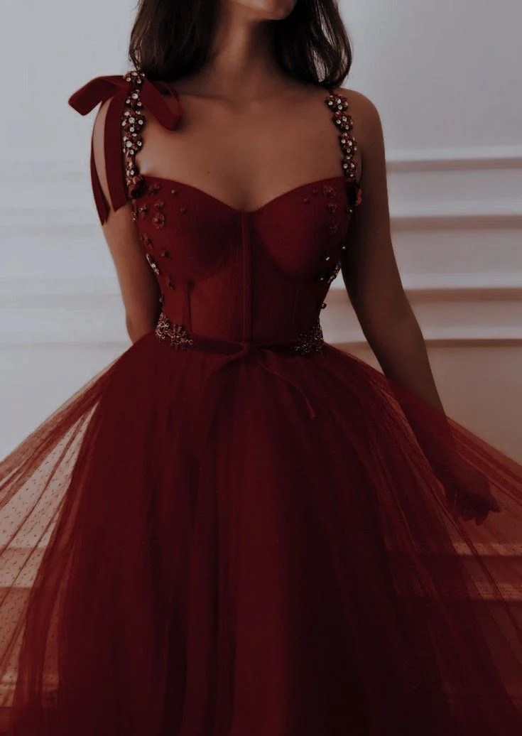 Elegant A Line Spaghetti Straps Burgundy Tulle Sleeveless Long Evening Party Gowns Evening Formal Dresses Prom Dress DH225 - Deanwangkt