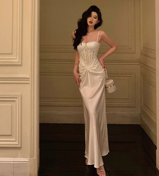 Pretty Mermaid Spaghetti Straps White 18th Birthday Dress Long Party Birthday Outfits For Women DP0166 - Deanwangkt