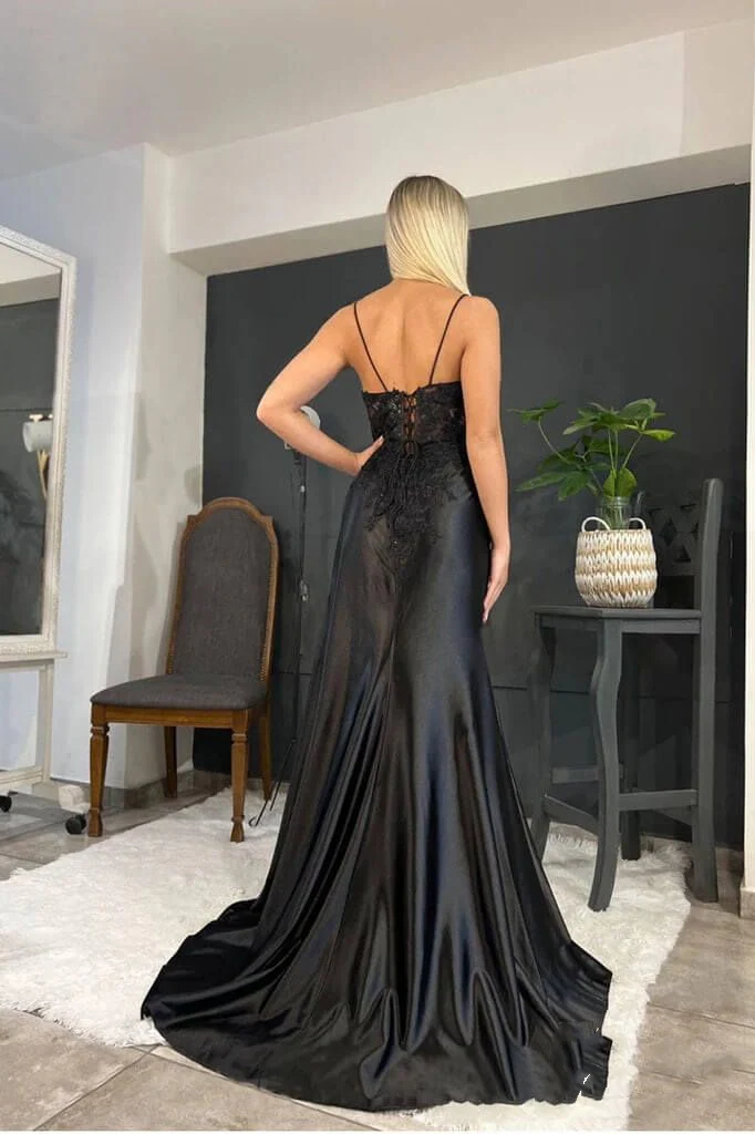 Sexy Sheath Satin Prom Dresses with Slit, Spaghetti Strap Formal Dress DP293 - Deanwangkt