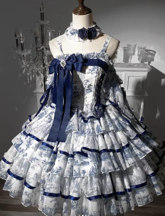 Cute Spaghetti Strap Ball Gown Tulle Sleeveless Birthday Dress Blue Lolita Dress DP03029 - Deanwangkt