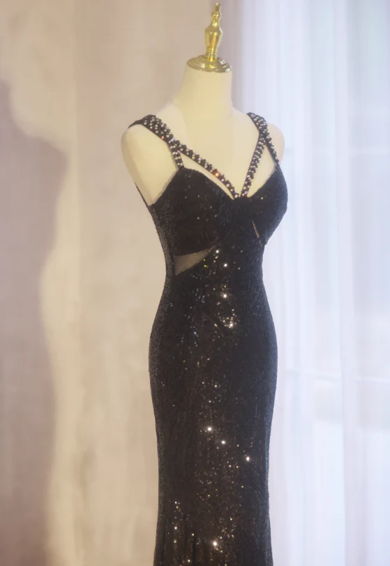 Elegant Black Mermaid Evening Gowns Spaghetti Strap Formal Dresses Spark Sequin Sleeveless Long Prom Dresses DH2697 - Deanwangkt