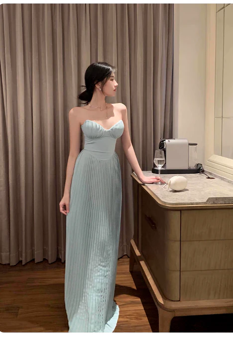 Sexy Sheath Evening Dresses, Chiffon Pleated Formal Dresses Blue Sleeveless Guest Dresses DP2993 - Deanwangkt