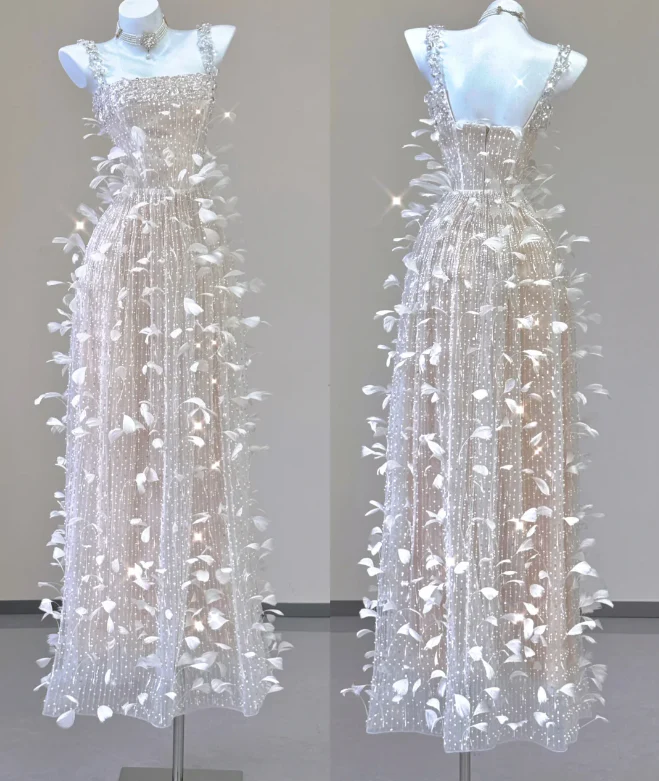 Classy A Line Square Neckline Champagne Tulle Long Prom Dresses P0003 - Deanwangkt