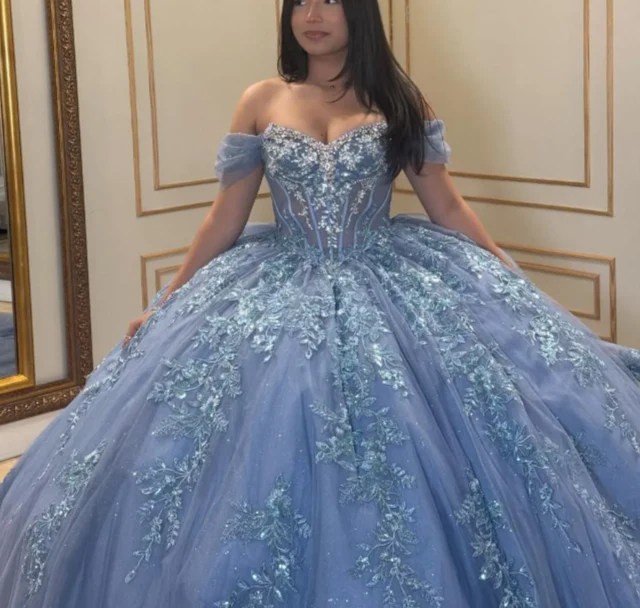 Fairy Off-Shoulder Blue Long Prom Dresses; Sparkly Tulle Appliqué Blue Quinceanera Dresses Sweet 16 Dresses DP3944 - Deanwangkt