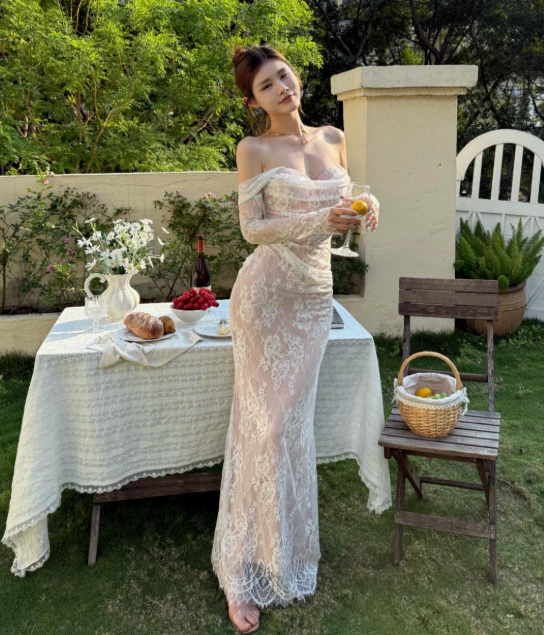 Elegant Off-the-shoulder Sheath Lace Long Prom Dresses, White Formal Evening Dresses DP3104 - Deanwangkt