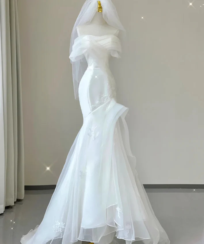 Classy Elegant Mermaid Off The Shoulder White Short Sleeves Satin Wedding Dresses Brides Dress DP454 - Deanwangkt