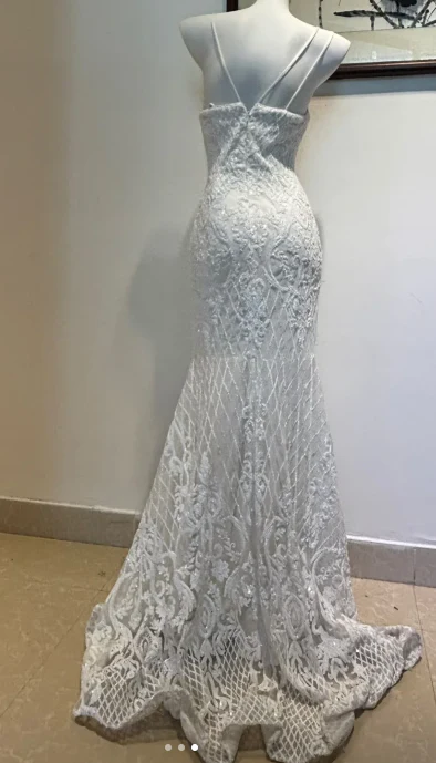 Elegant Spaghetti Strap Mermaid Beaded Chiffon Long Prom Dresses, White Beaded Formal Evening Dresses DP3094 - Deanwangkt