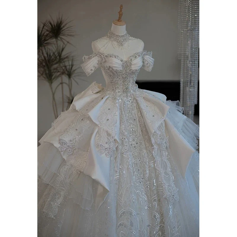 Princess Bridal Dress Ball Gown Off The Shoulder White Wedding Dress Ruffles Lace Wedding Dresses Modest Wedding Gowns DH1774 - Deanwangkt