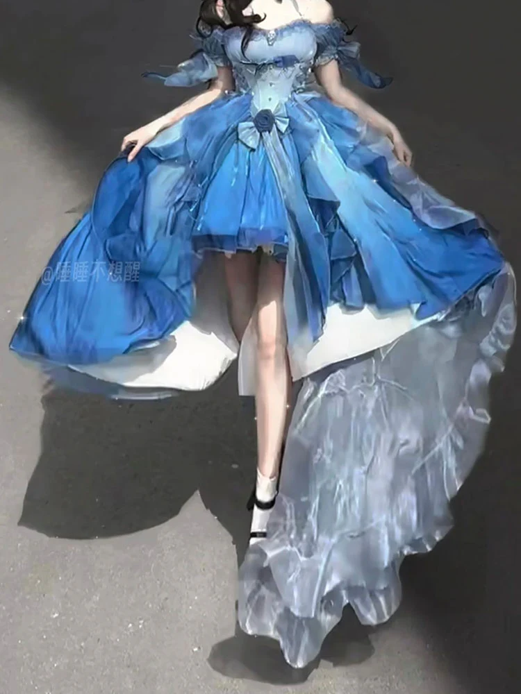 Vintage Ball Gown Off The Shoulder Short Sleeves 16th Blue Birthday Dress Lolita Summer Dress Birthday Outfits W1006 - Deanwangkt