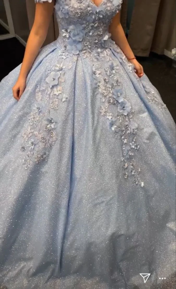 Gorgeous Sky Blue Off-the-shoulder Tulle Long Ball Gown Flower Sweet 16th Birthday Dress Cute Quinceanera Dress DH2735 - Deanwangkt