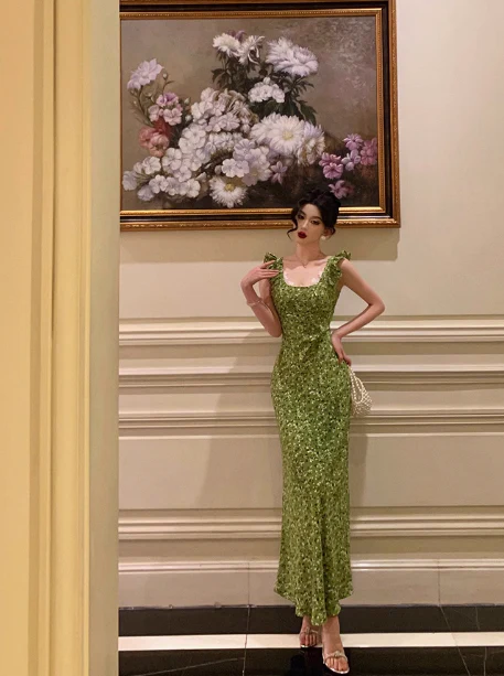 Vintage Mermaid Square Neckline Green Floral Sleeveless 18th Birthday Dress Party Gown Birthday Outfits For Women DP0200 - Deanwangkt