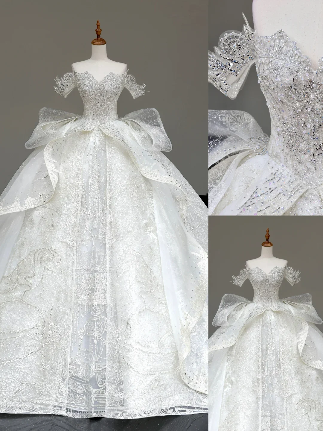 Classy Elegant Ball Gown Off The Shoulder Sequin White Short Sleeves Wedding Dress Winter Brides Dress DP822 - Deanwangkt