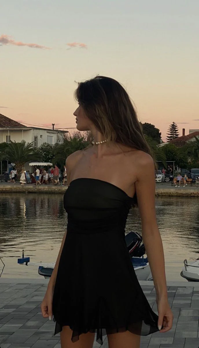 Cute A line Strapless Black Summer Chiffon Homecoming Dress Hoco Dress Mini 18th Birthday Outfit Cocktail Dresses DP1919 - Deanwangkt