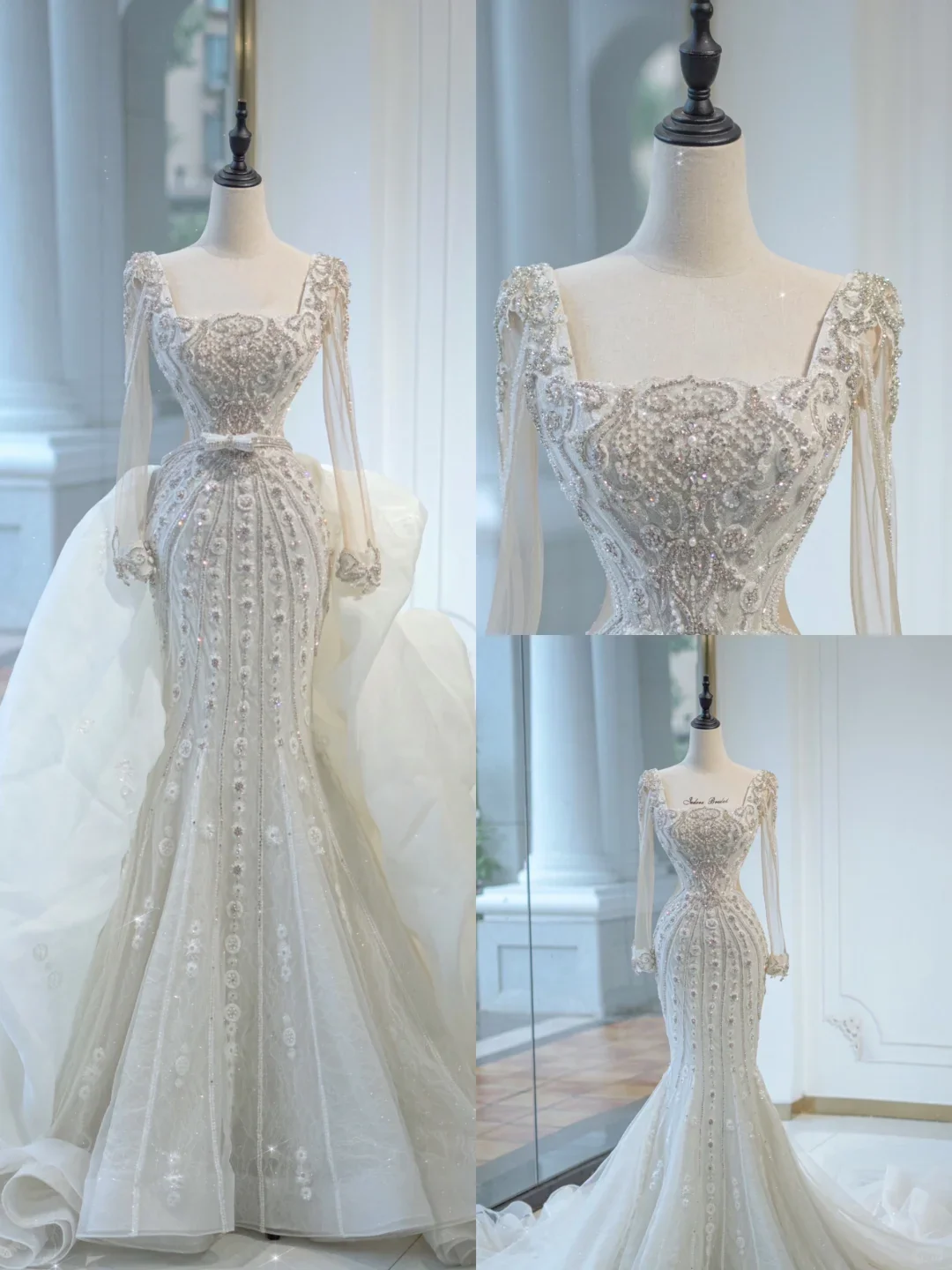 Unique Bridal Gown Mermaid Square Neck Long Sleeves White Silver Beads Wedding Dresses Modest Bridal Gowns DH730 - Deanwangkt
