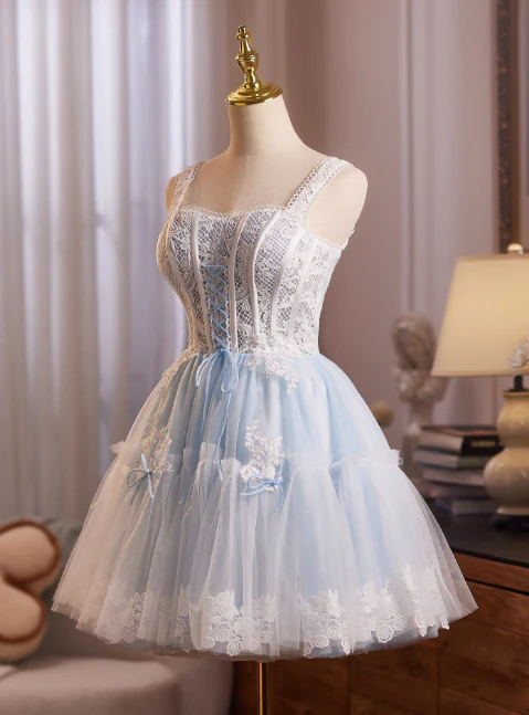 Glam Strap A-Line Tulle Lace Short Prom Dresses, Sky Blue Homecoming Dresses DP3136 - Deanwangkt