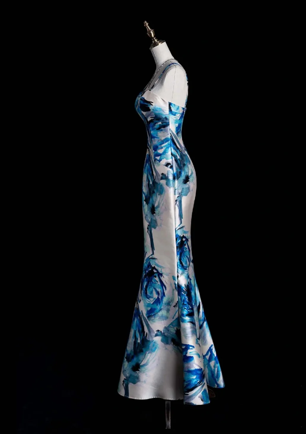 Elegant Mermaid Blue Long Prom Dresses Sleeveless Printed Satin Blue/White Long Evening Dresses DP3915 - Deanwangkt