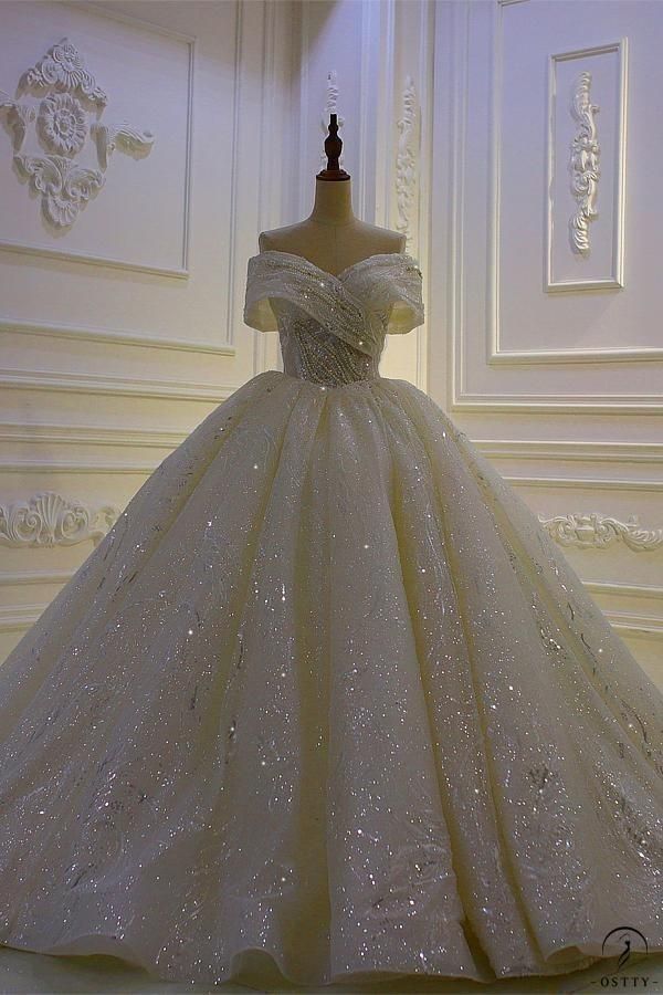 Unique Bridal Gown Ball Gown Off The Shoulder White Short Sleeves Sequin Wedding Dresses Pretty Bridal Gowns DH1237 - Deanwangkt