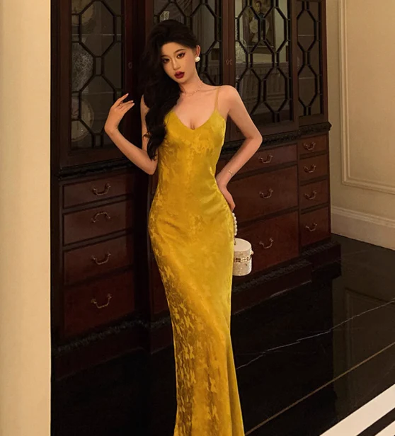 Pretty Mermaid Spaghetti Straps Yellow Satin 18th Birthday Dress Party Birthday Outfits For Womens DP0169 - Deanwangkt