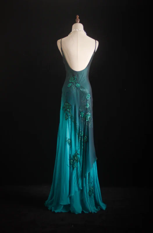 Glam Spaghetti Strap Sheath Long Prom Dresses, Chiffon Beaded Blue Formal Dresses DP3333 - Deanwangkt